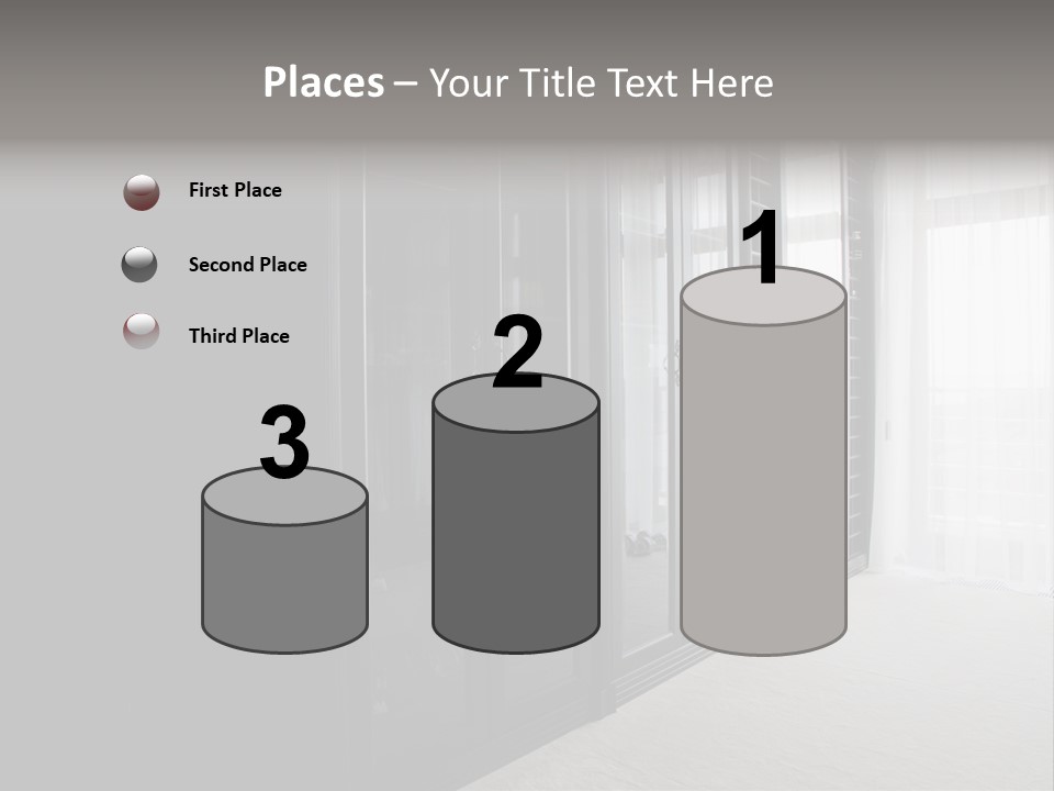 A Black And White Photo Of A Room With Glass Doors PowerPoint Template