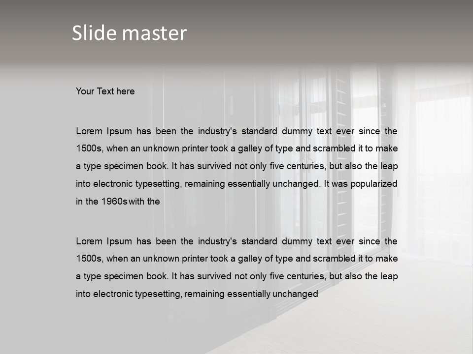A Black And White Photo Of A Room With Glass Doors PowerPoint Template