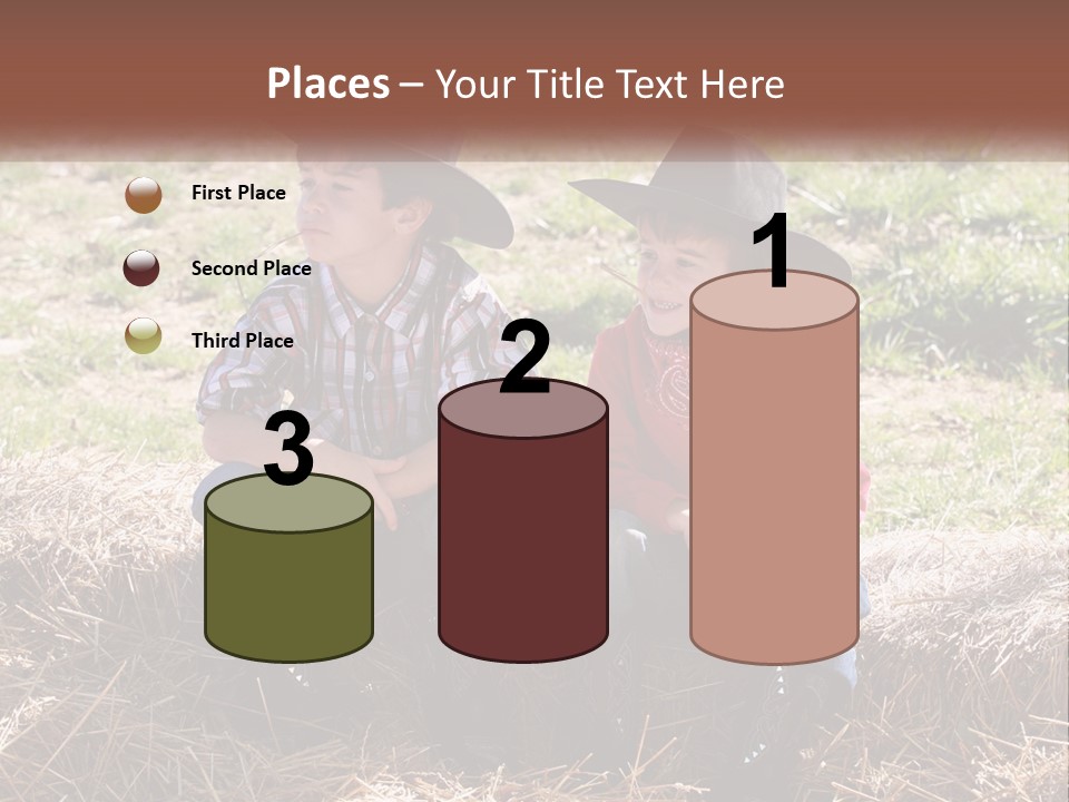 Two Children In Cowboy Hats Sitting On A Pile Of Hay PowerPoint Template
