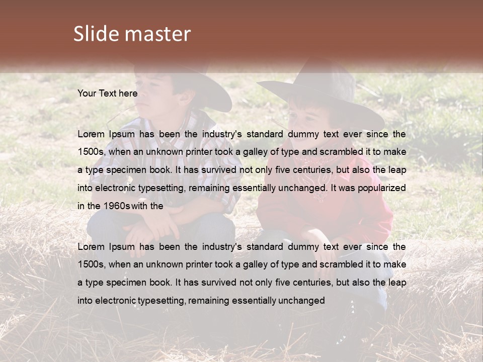 Two Children In Cowboy Hats Sitting On A Pile Of Hay PowerPoint Template