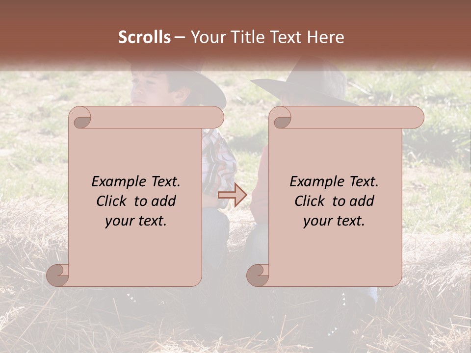 Two Children In Cowboy Hats Sitting On A Pile Of Hay PowerPoint Template