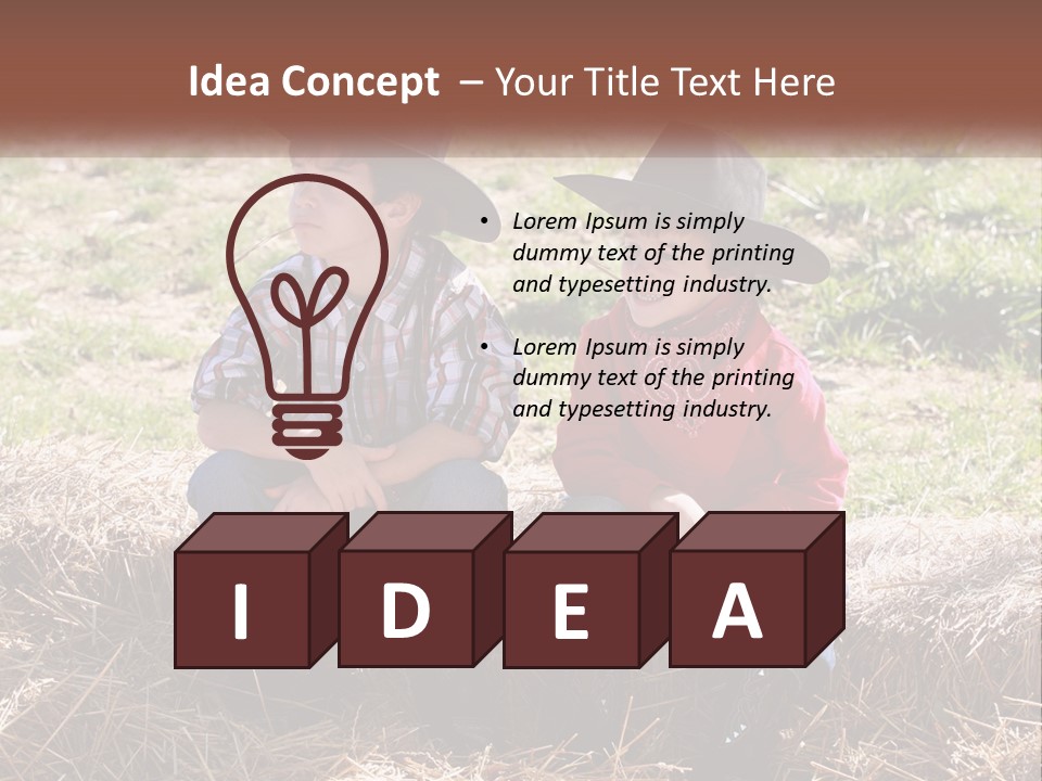 Two Children In Cowboy Hats Sitting On A Pile Of Hay PowerPoint Template