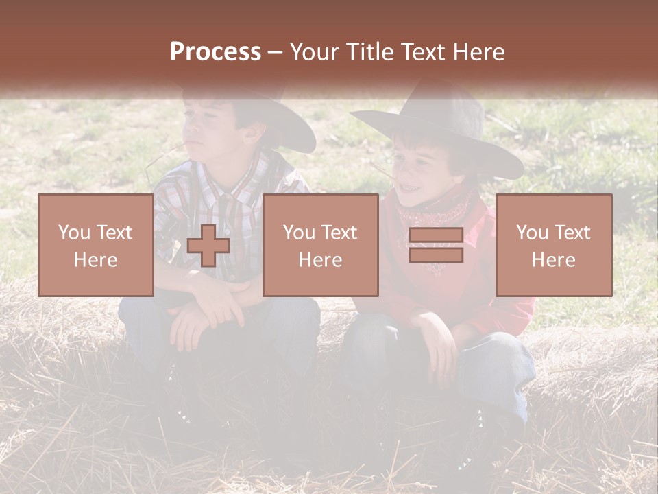 Two Children In Cowboy Hats Sitting On A Pile Of Hay PowerPoint Template