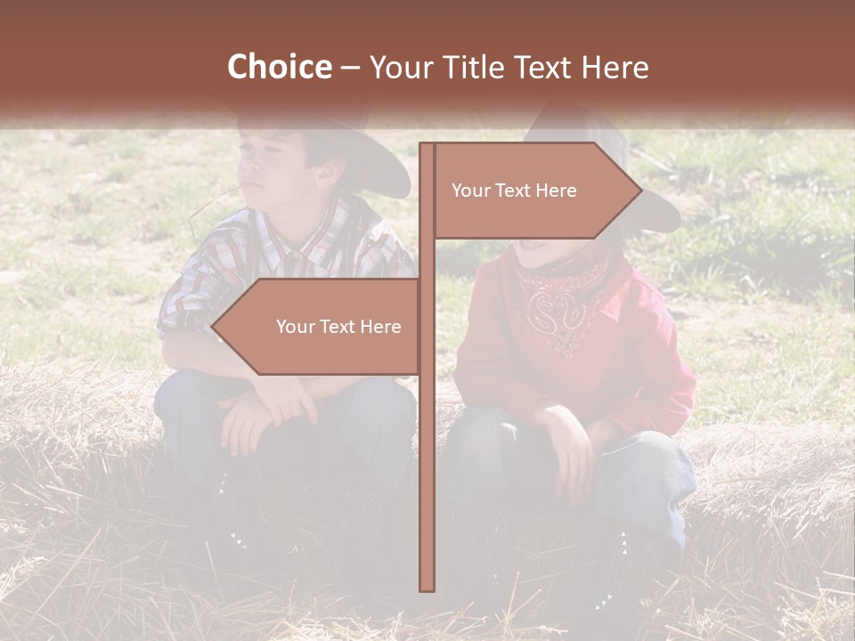 Two Children In Cowboy Hats Sitting On A Pile Of Hay PowerPoint Template
