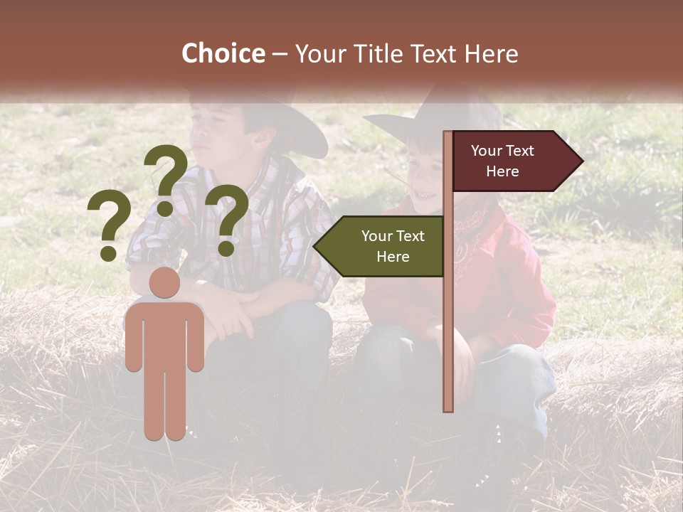 Two Children In Cowboy Hats Sitting On A Pile Of Hay PowerPoint Template