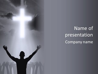 A Man Standing In Front Of A Cross With His Hands In The Air PowerPoint Template