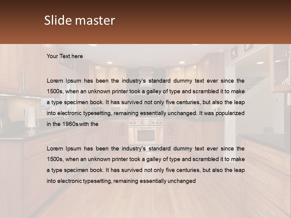 A Kitchen With Wooden Cabinets And Black Counter Tops PowerPoint Template