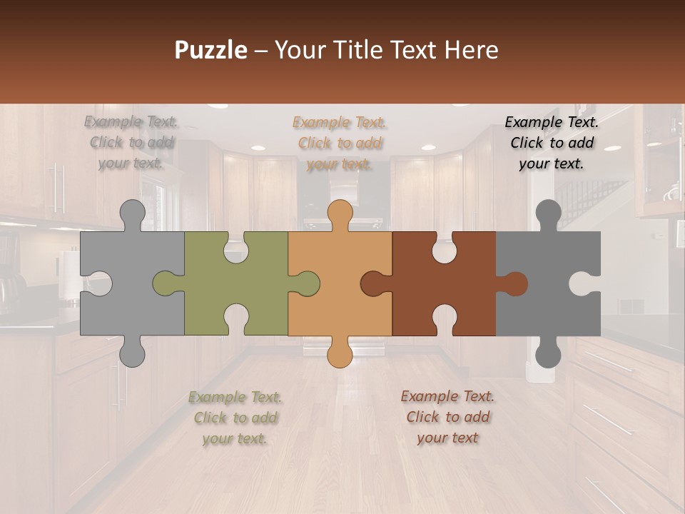 A Kitchen With Wooden Cabinets And Black Counter Tops PowerPoint Template