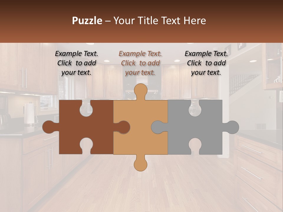 A Kitchen With Wooden Cabinets And Black Counter Tops PowerPoint Template