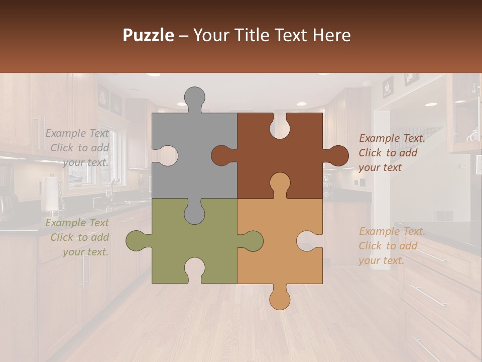 A Kitchen With Wooden Cabinets And Black Counter Tops PowerPoint Template