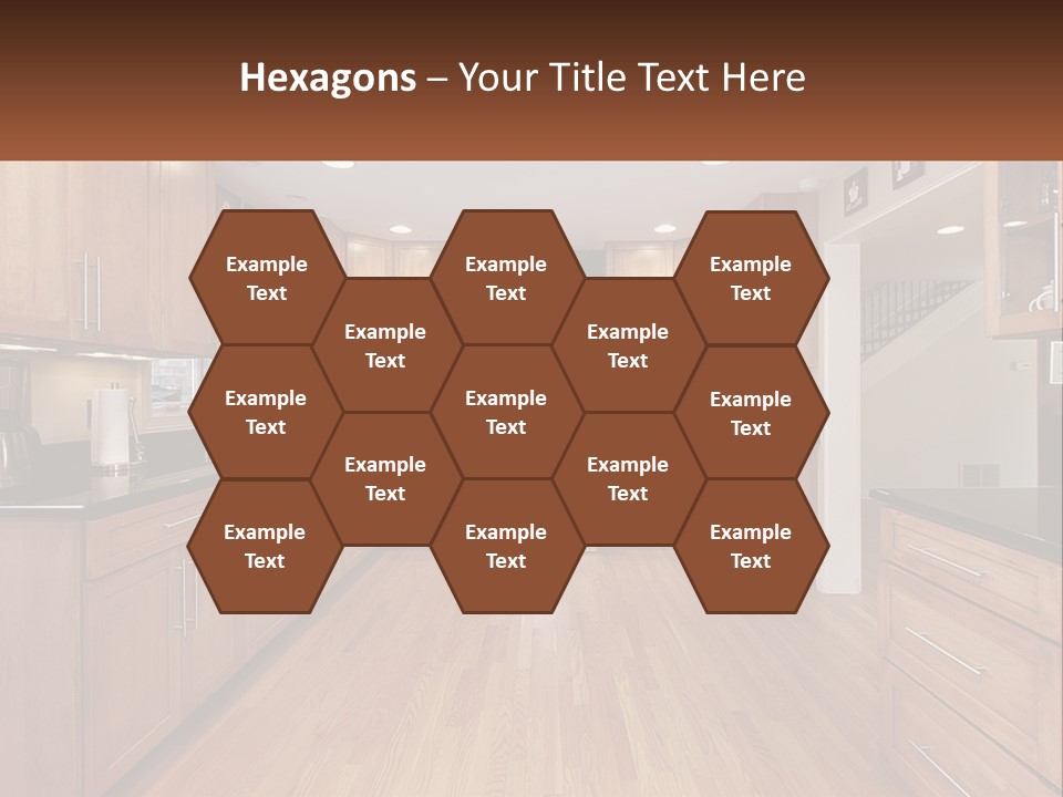 A Kitchen With Wooden Cabinets And Black Counter Tops PowerPoint Template