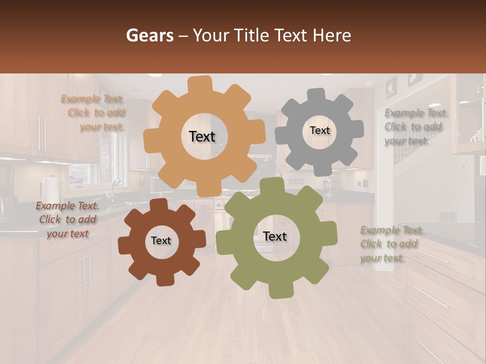 A Kitchen With Wooden Cabinets And Black Counter Tops PowerPoint Template