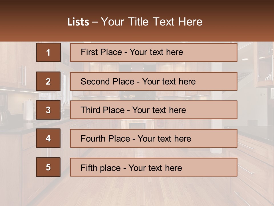 A Kitchen With Wooden Cabinets And Black Counter Tops PowerPoint Template