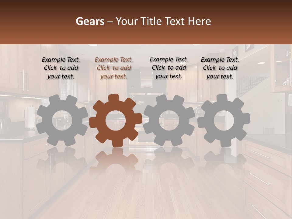 A Kitchen With Wooden Cabinets And Black Counter Tops PowerPoint Template