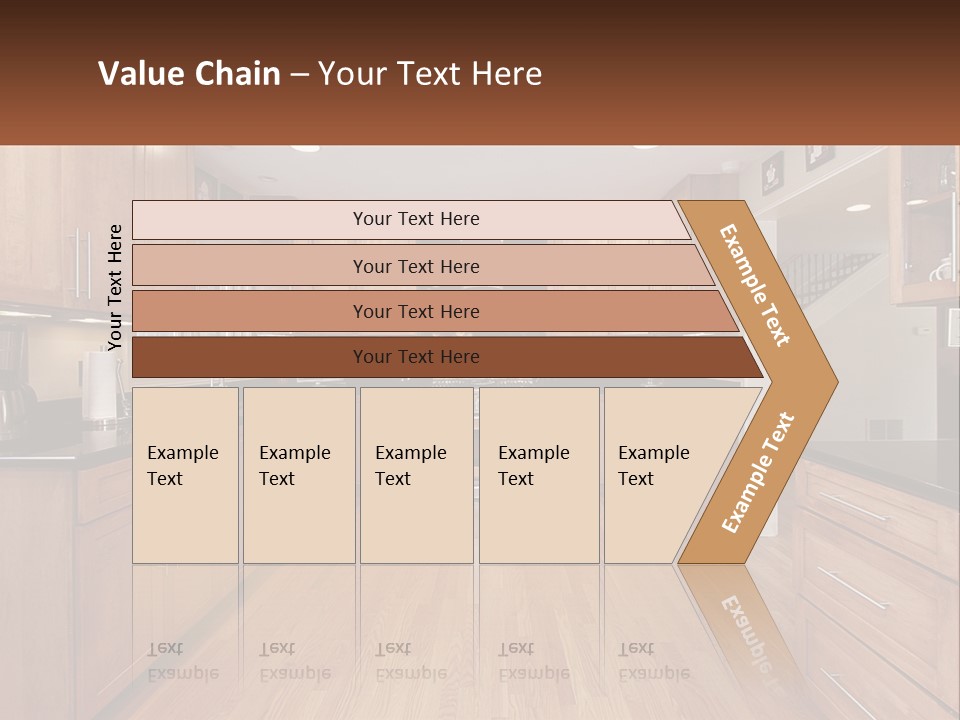 A Kitchen With Wooden Cabinets And Black Counter Tops PowerPoint Template