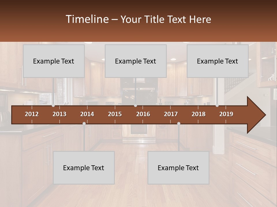A Kitchen With Wooden Cabinets And Black Counter Tops PowerPoint Template