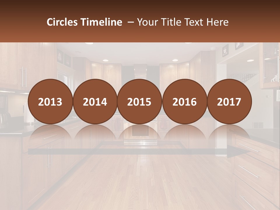 A Kitchen With Wooden Cabinets And Black Counter Tops PowerPoint Template