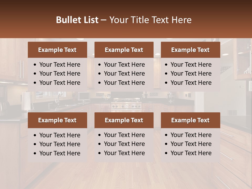 A Kitchen With Wooden Cabinets And Black Counter Tops PowerPoint Template