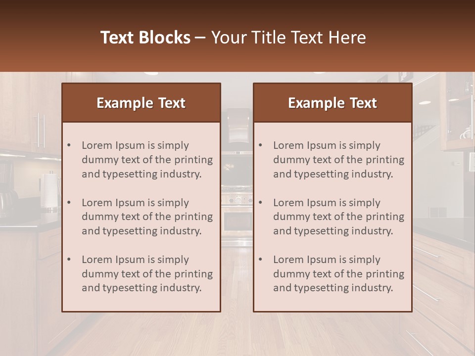 A Kitchen With Wooden Cabinets And Black Counter Tops PowerPoint Template
