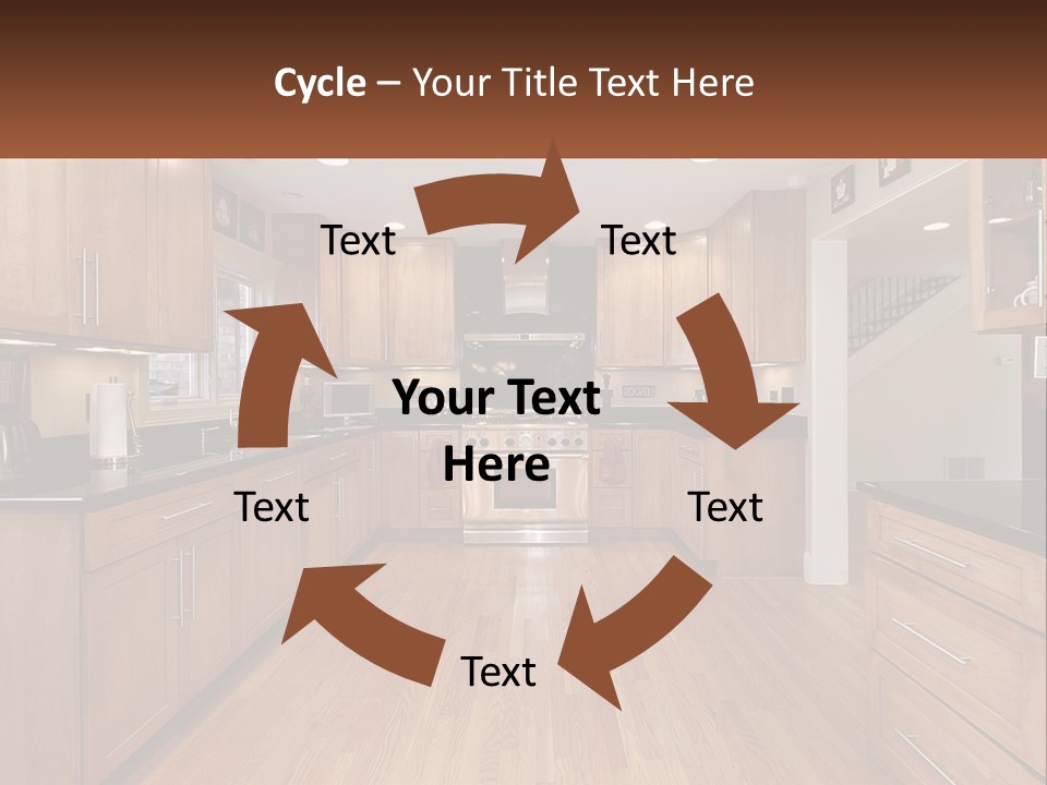 A Kitchen With Wooden Cabinets And Black Counter Tops PowerPoint Template