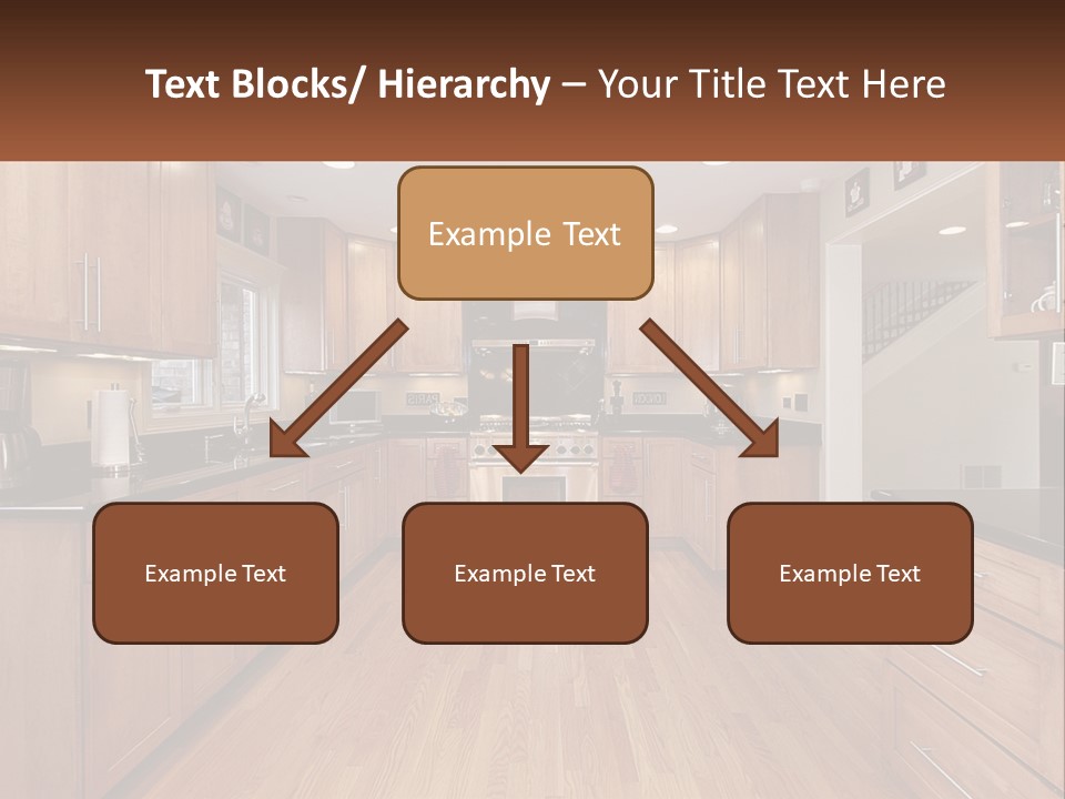 A Kitchen With Wooden Cabinets And Black Counter Tops PowerPoint Template