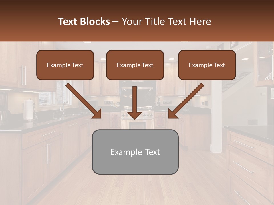 A Kitchen With Wooden Cabinets And Black Counter Tops PowerPoint Template