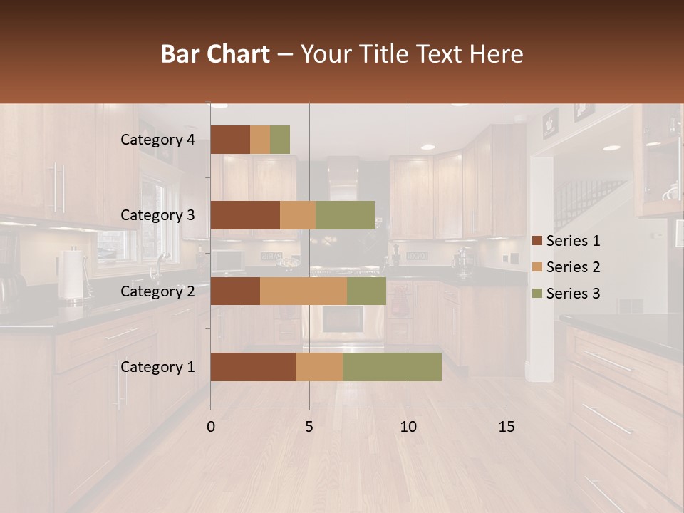 A Kitchen With Wooden Cabinets And Black Counter Tops PowerPoint Template