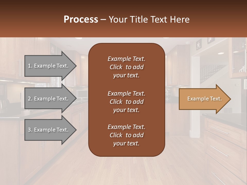 A Kitchen With Wooden Cabinets And Black Counter Tops PowerPoint Template