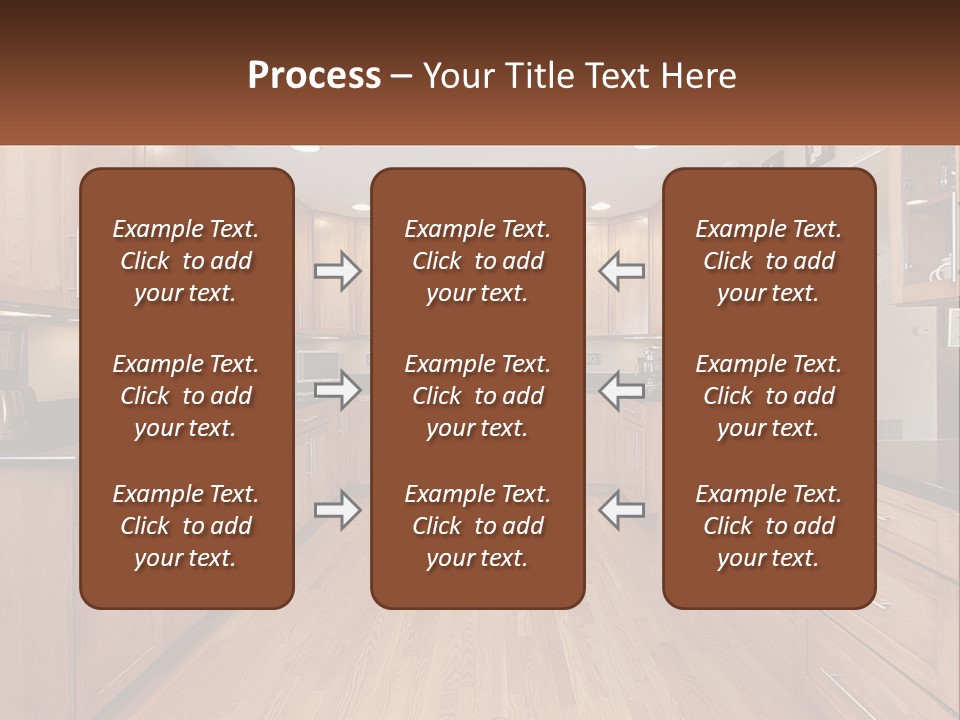A Kitchen With Wooden Cabinets And Black Counter Tops PowerPoint Template