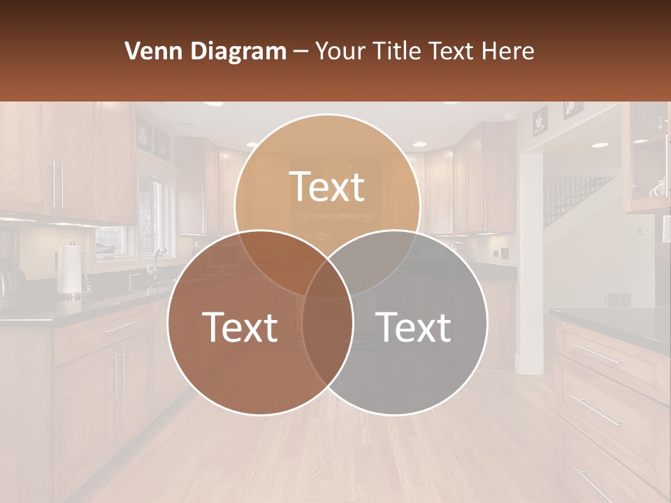 A Kitchen With Wooden Cabinets And Black Counter Tops PowerPoint Template