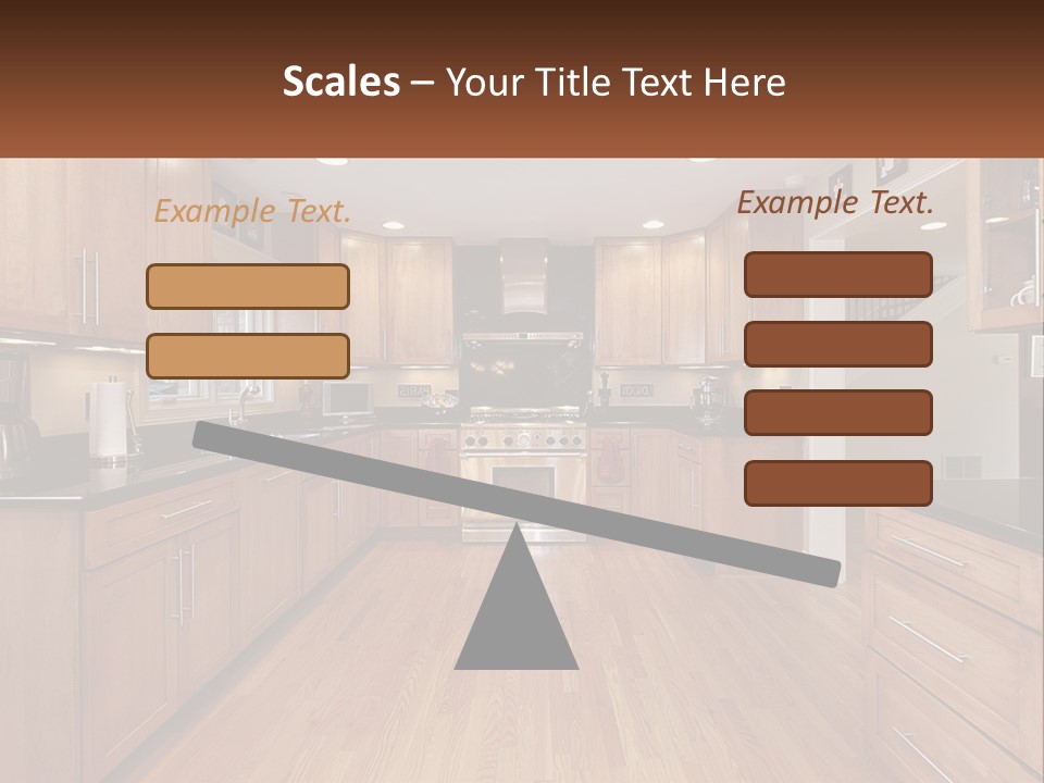 A Kitchen With Wooden Cabinets And Black Counter Tops PowerPoint Template