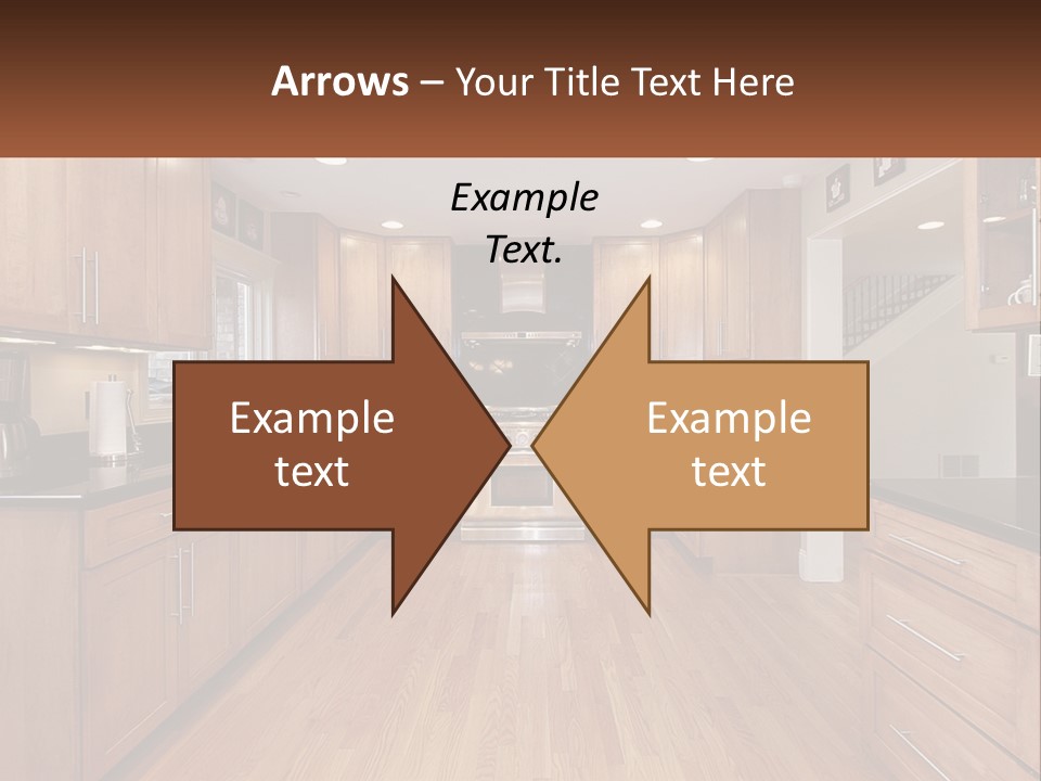 A Kitchen With Wooden Cabinets And Black Counter Tops PowerPoint Template