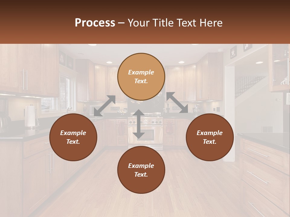A Kitchen With Wooden Cabinets And Black Counter Tops PowerPoint Template