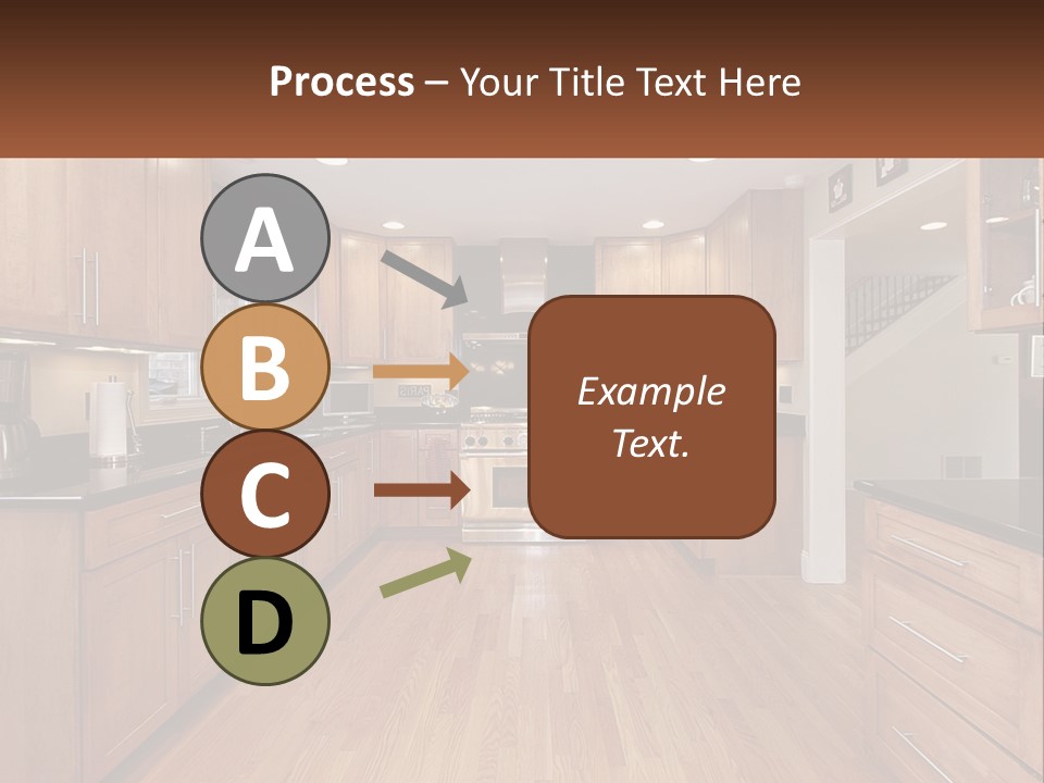 A Kitchen With Wooden Cabinets And Black Counter Tops PowerPoint Template