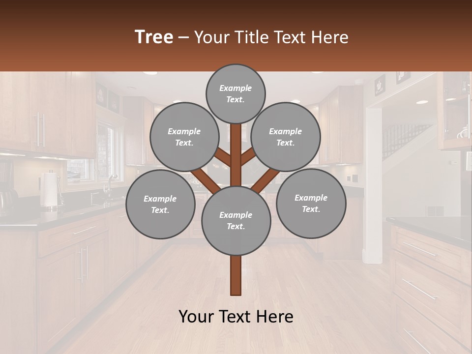 A Kitchen With Wooden Cabinets And Black Counter Tops PowerPoint Template