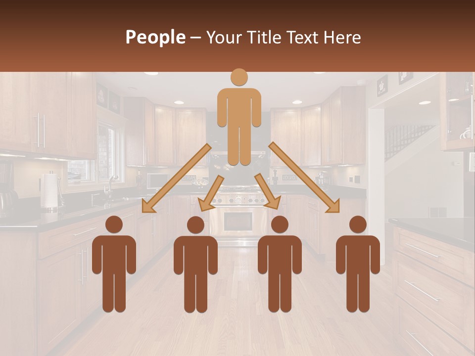 A Kitchen With Wooden Cabinets And Black Counter Tops PowerPoint Template