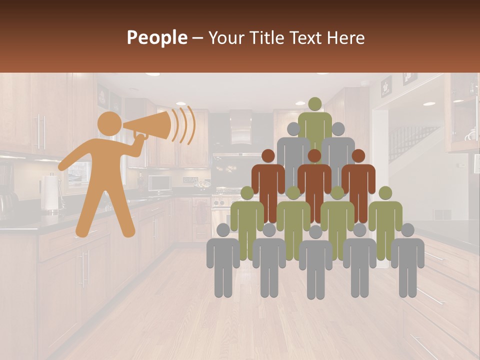 A Kitchen With Wooden Cabinets And Black Counter Tops PowerPoint Template