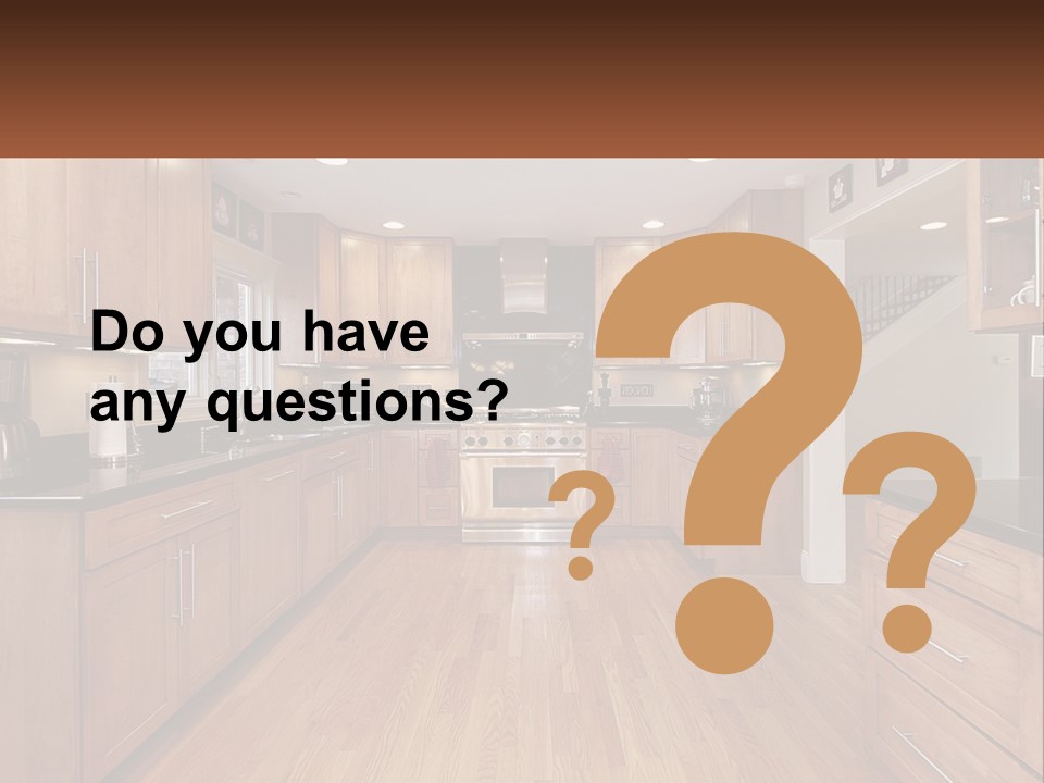 A Kitchen With Wooden Cabinets And Black Counter Tops PowerPoint Template