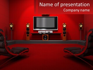 A Red Room With Two Chairs And A Television PowerPoint Template