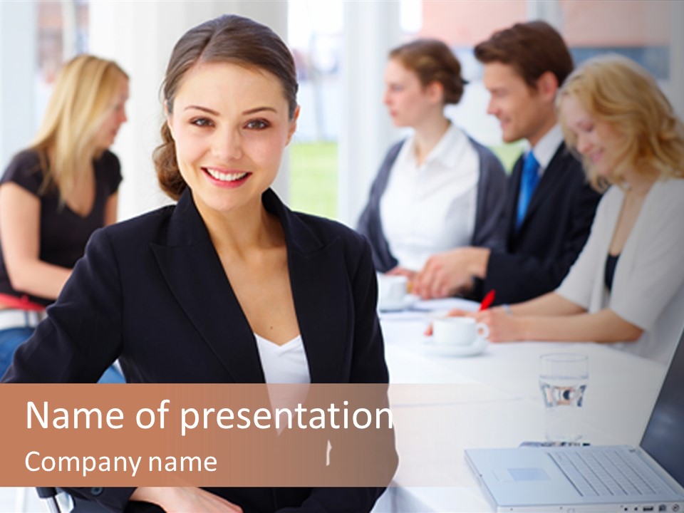 A Woman Sitting At A Table With A Laptop In Front Of Her PowerPoint Template