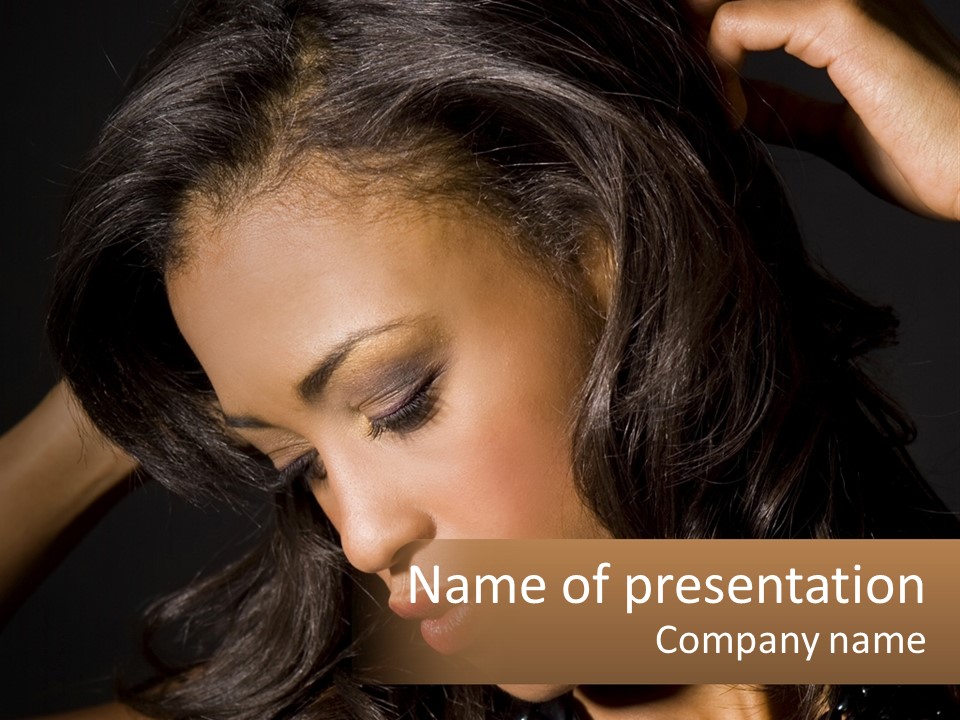 A Woman With Long Hair Is Holding Her Head In Her Hands PowerPoint Template