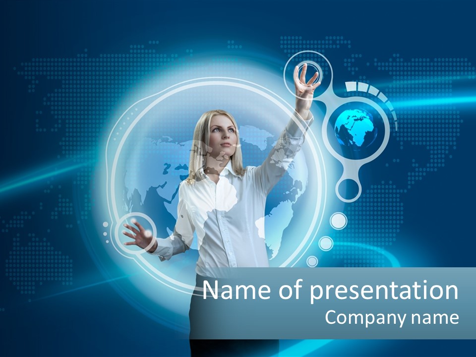 A Woman Holding Her Hand Up In Front Of A World Map PowerPoint Template