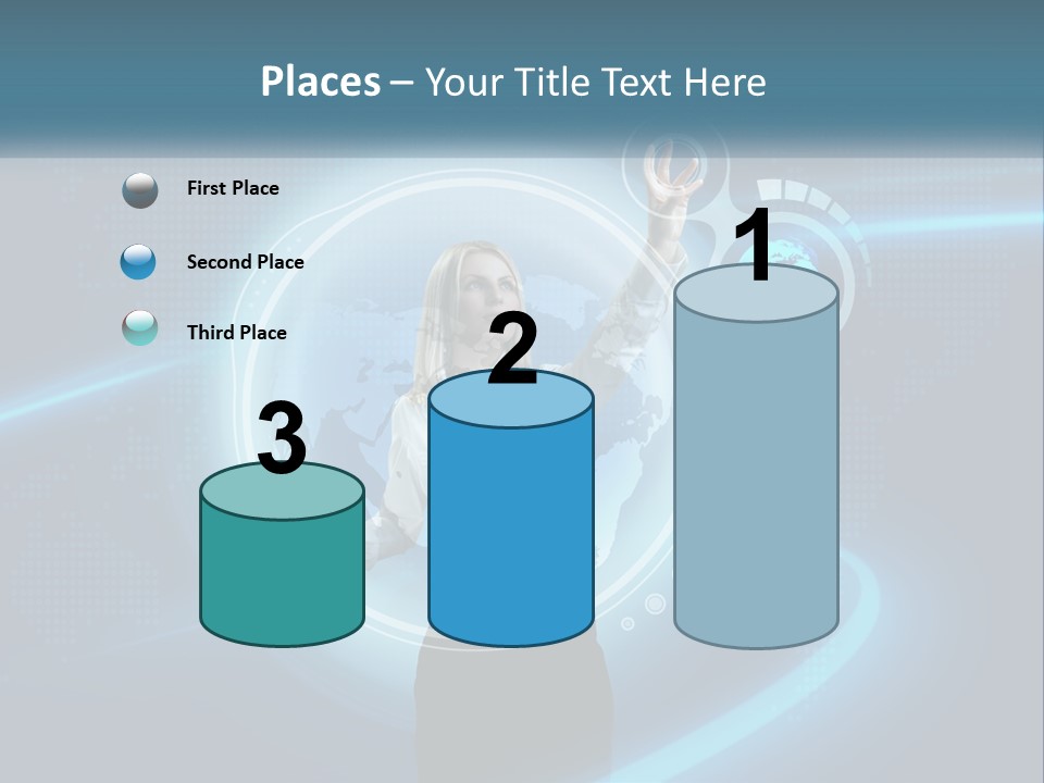 A Woman Holding Her Hand Up In Front Of A World Map PowerPoint Template