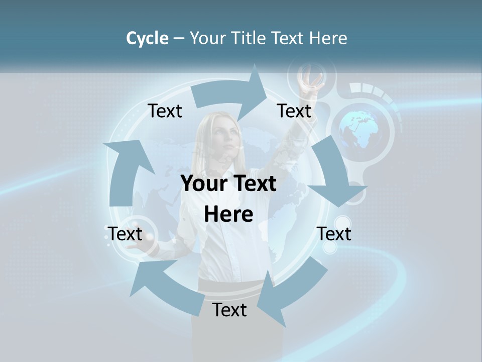 A Woman Holding Her Hand Up In Front Of A World Map PowerPoint Template