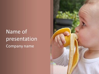 A Baby Eating A Banana With A Brown Background PowerPoint Template