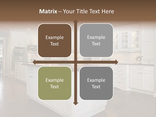 A Large Kitchen With White Cabinets And A Center Island PowerPoint Template
