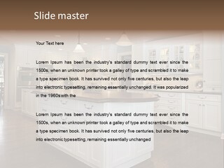 A Large Kitchen With White Cabinets And A Center Island PowerPoint Template