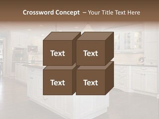 A Large Kitchen With White Cabinets And A Center Island PowerPoint Template