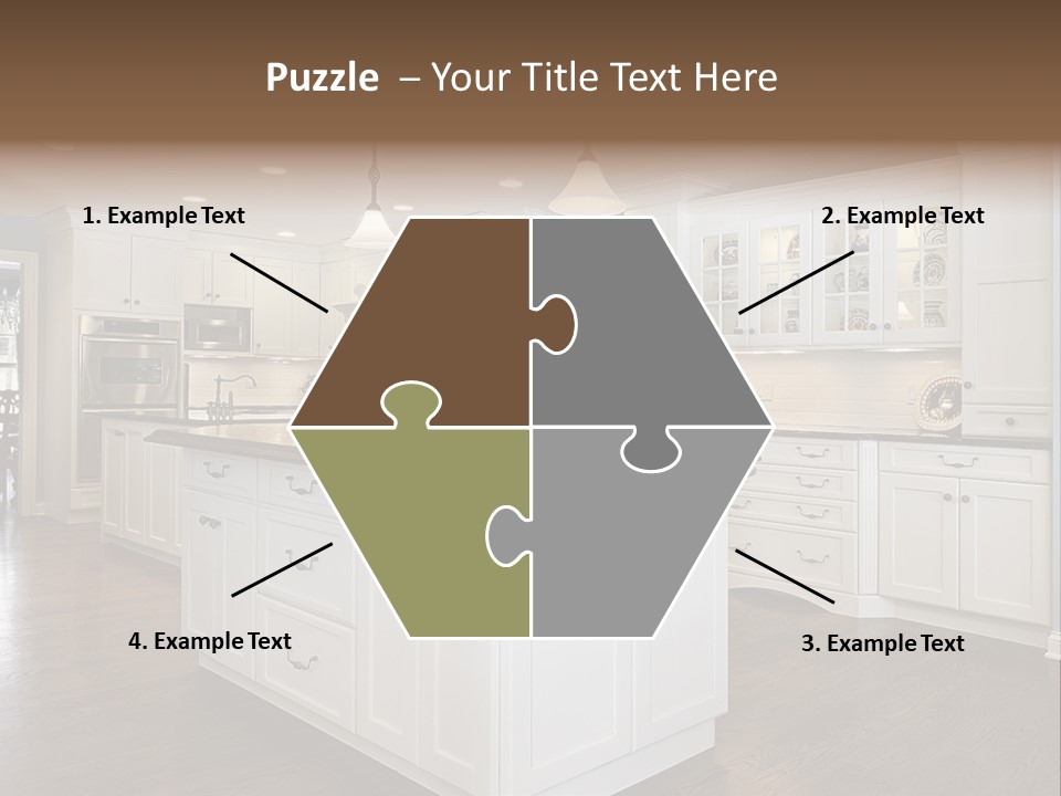 A Large Kitchen With White Cabinets And A Center Island PowerPoint Template