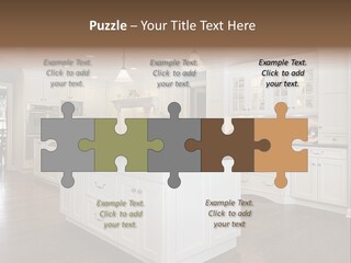 A Large Kitchen With White Cabinets And A Center Island PowerPoint Template